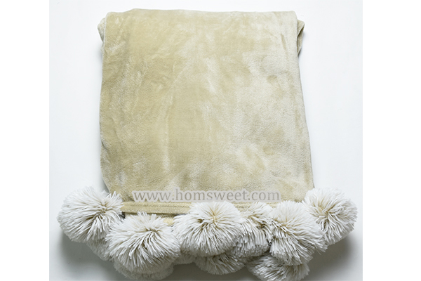 Fashion Mink Fleece Throw With Faux Fur Pom Pom