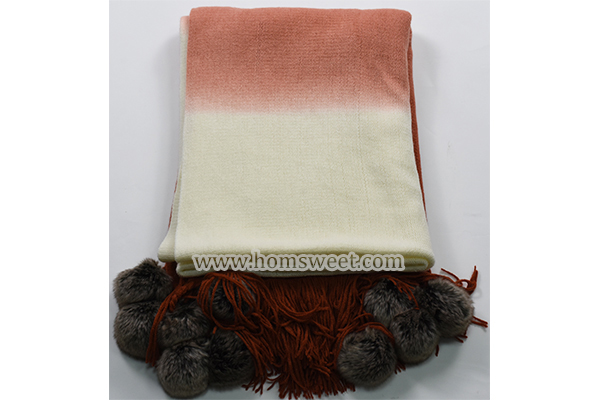 Elegant Tie Dyed Knitted Throw  With Faux Fur Pom Pom