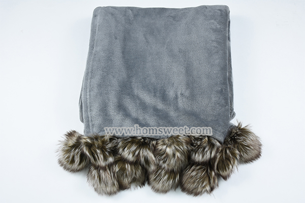 Fashion Mink Fleece Throw With Faux Fur Pom Pom